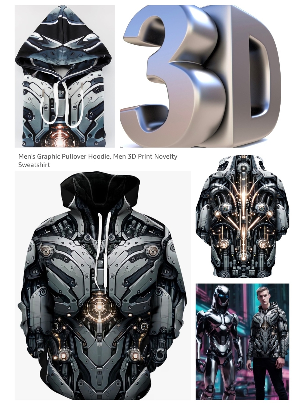 Men's Graphic 3D Print Pullover Hoodie - Metallic Black & Gray